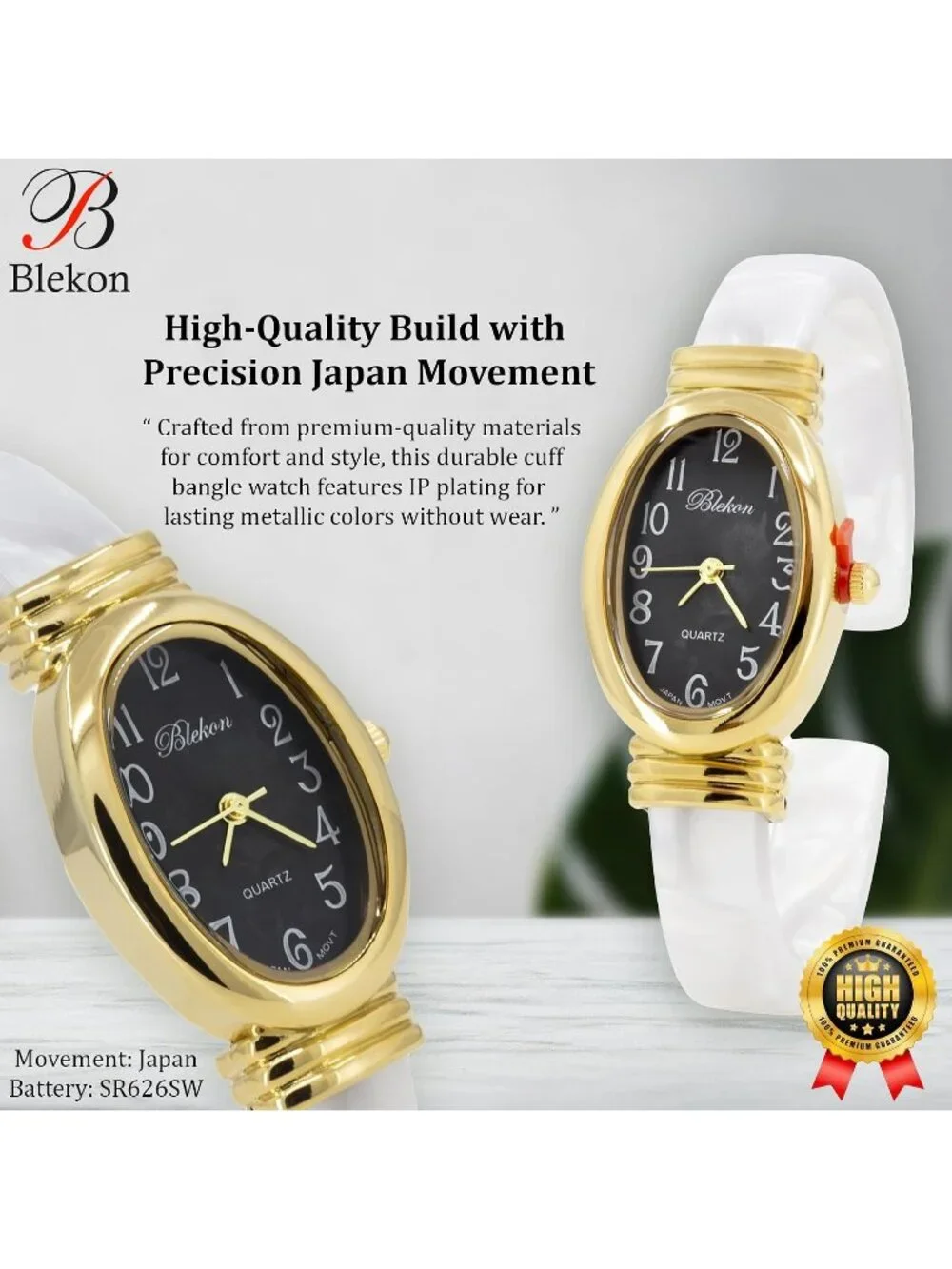 Women's Gold/Black/White Pearl/Oval Shell Color Design Cuff Bangle Stylish Watch